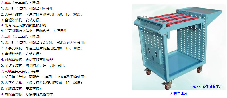 刀具車主要具有以下特點： 1. 采用掛片結(jié)構(gòu)，可配合刀座使用； 2. 人字孔結(jié)構(gòu)，可通過掛片調(diào)整刀座為0、15、30度； 3. 全螺紋結(jié)構(gòu)，安裝方便； 4. 配有兩定兩活剎聚氨脂腳輪； 5. 并可以配有文件夾、置物臺等，方便操作。 刀具柜主要具有以下特點： 1. 采用掛片結(jié)構(gòu)，可配合ISO系列、 HSK系列刀座使用； 2. 人字孔結(jié)構(gòu)，可通過掛片調(diào)整刀座為0、15、30度； 3. 全螺紋結(jié)構(gòu)，安裝方便； 4. 可配置物板，方便存儲其他物品； 5. 全封閉結(jié)構(gòu)，防塵防盜，適于刀庫使用。 刀具架主要具有以下特點： 1. 采用掛片結(jié)構(gòu)，可配合ISO系列、 HSK系列刀座使用； 2. 人字孔結(jié)構(gòu)，可通過掛片調(diào)整刀座為0、15、30度； 3. 全螺紋結(jié)構(gòu)，安裝方便； 4. 可配置物板，方便存儲其他物品；